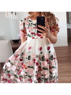 Floral Embroidered White Midi Dress with Pink Roses